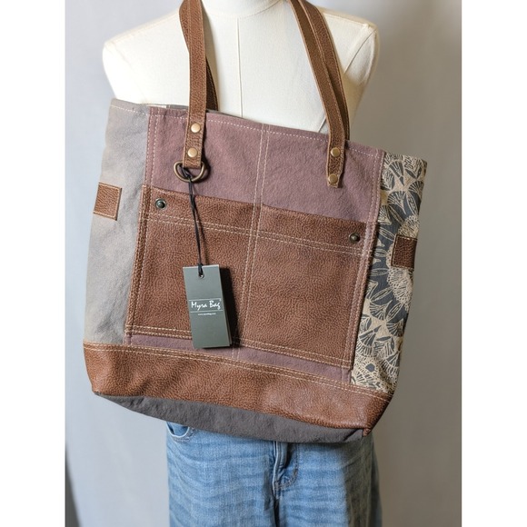 Myra Bag Handbags - Myra Bag Upcycled Canvas Leather Patchwork Tote Bag Brown Grey Floral NWT